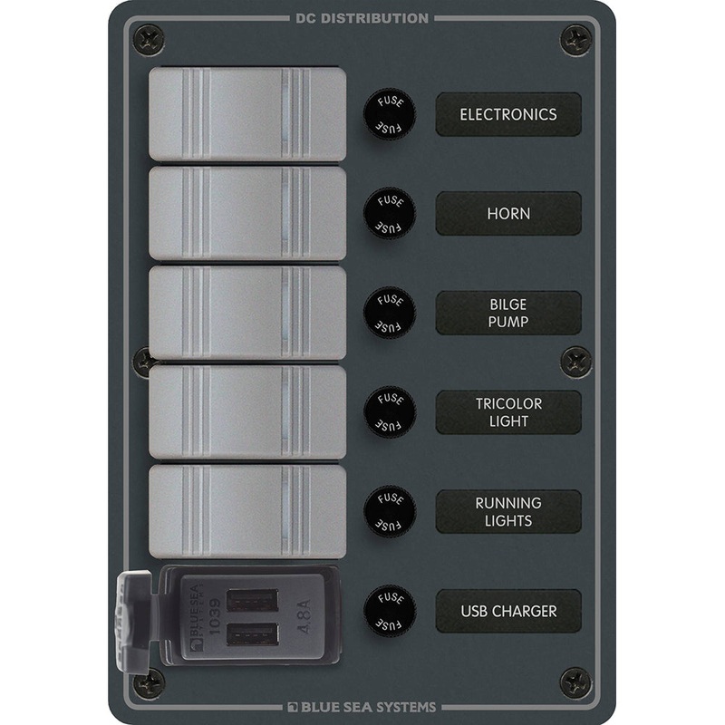 Blue Sea 8121 – 5 Position Contura Switch Panel w/Dual USB Chargers – 12/24V DC – Black [8121]