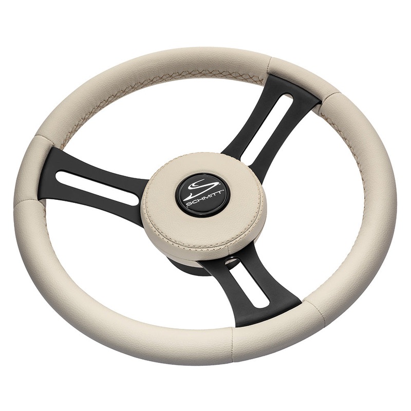 Schmitt Marine Torcello Elite 14″ Wheel – Beige Leather  Cap – White Stitching – Black SS Spokes – 3/4″ Tapered Shaft [PU081B11]