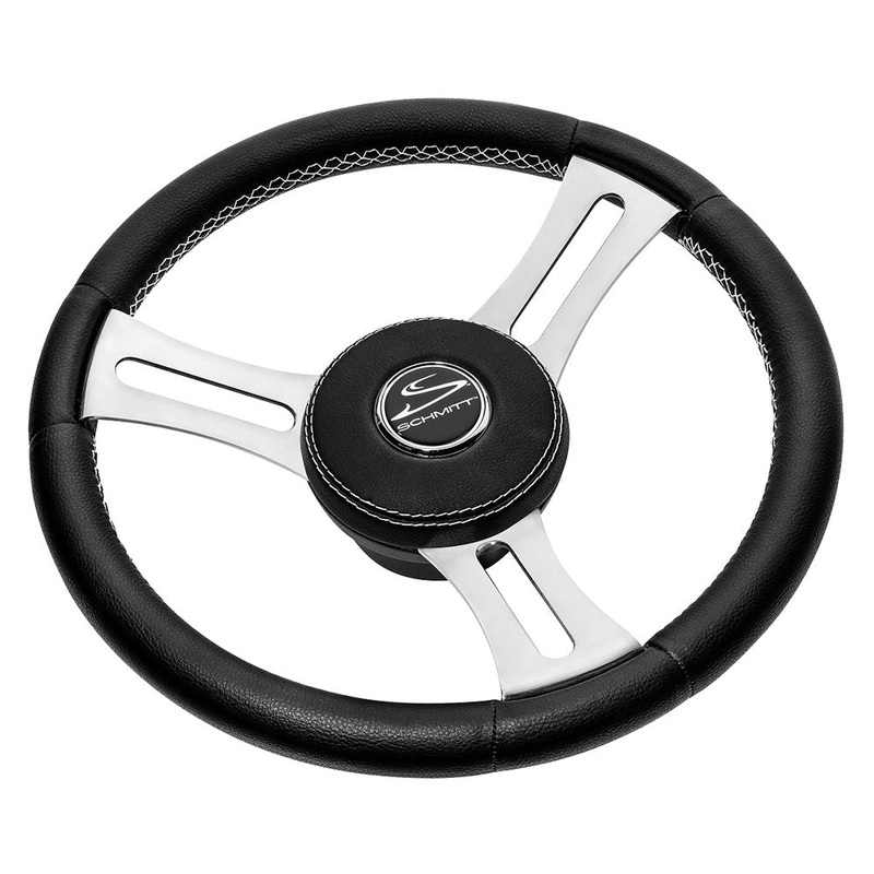 Schmitt Marine Torcello Elite 14″ Wheel – Black Leather  Cap – White Stitching – Polished SS Spokes – 3/4″ Tapered Shaft [PU085241]