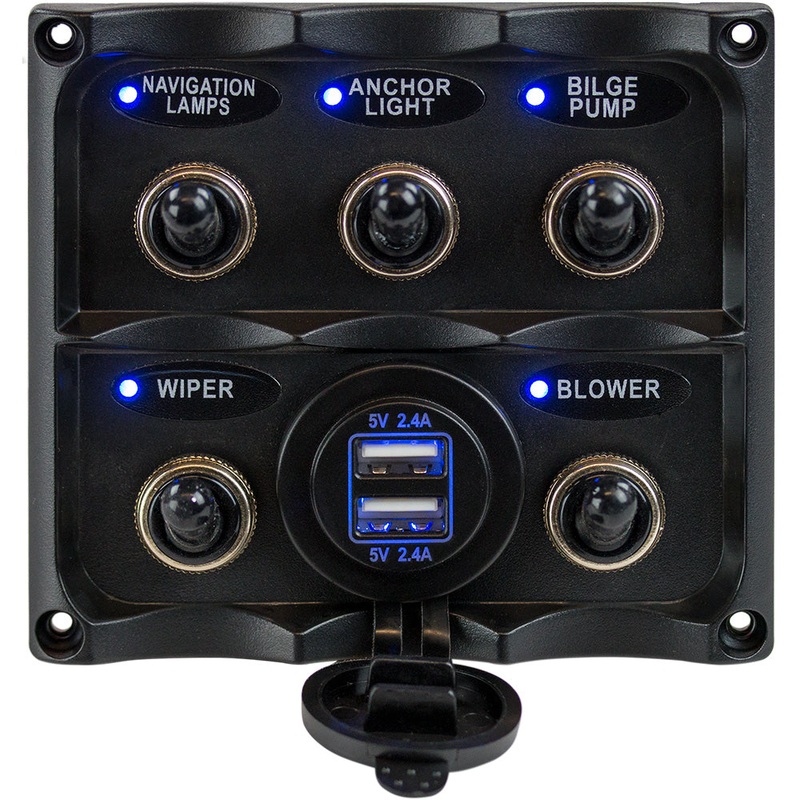 Sea-Dog Water Resistant Toggle Switch Panel w/USB Power Socket – 5 Toggle [424617-1]