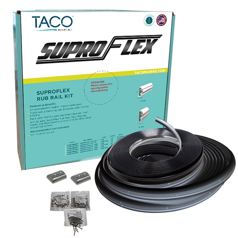TACO SuproFlex Rub Rail Kit – Black w/Flex Chrome Insert – 1.6″H x .78″W x 60L [V11-9960BBK60-2]