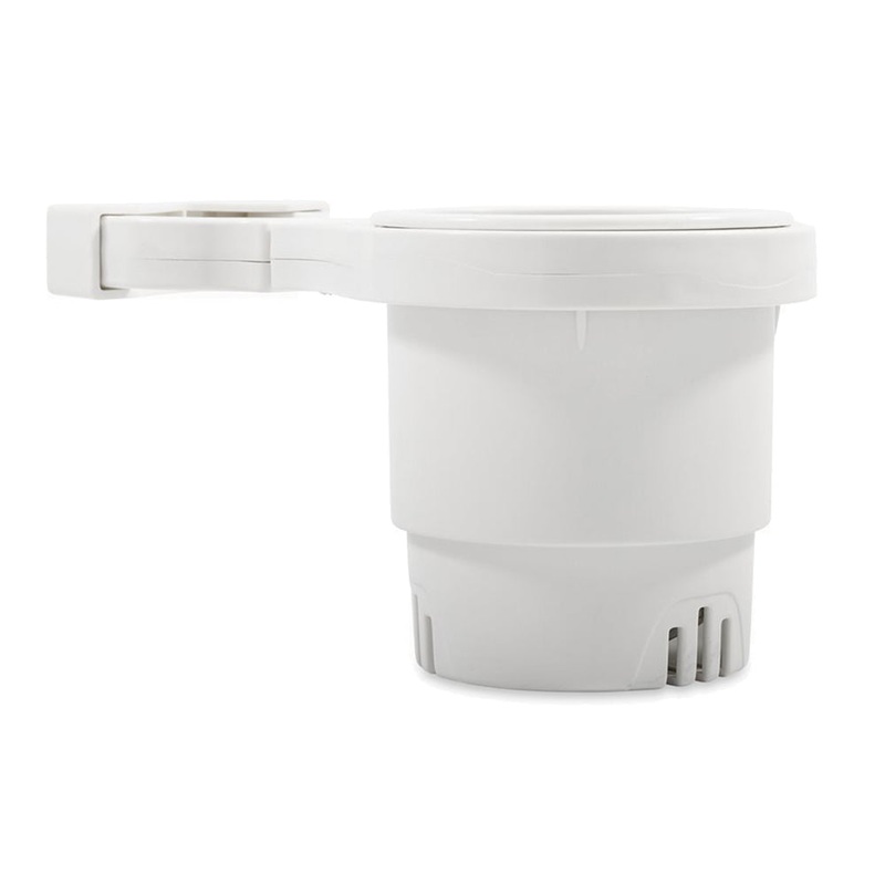 Camco Clamp-On Rail Mounted Cup Holder – Small for Up to 1-1/4″ Rail – White [53086]