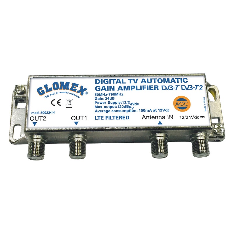 Glomex Auto Gain Control Amp – 12/24VDC f/2 TV Outputs [50023/14]