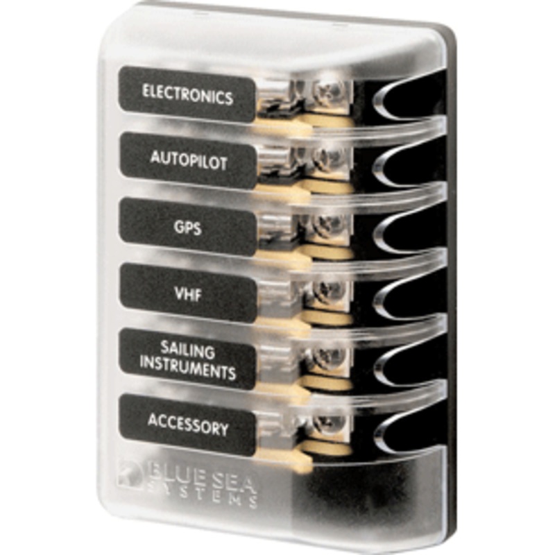 Blue Sea 5018 ST Glass Fuse Block w/out Negative Bus – 6 Circuit