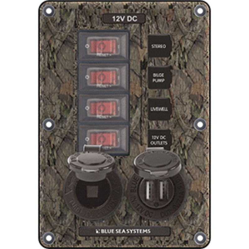 Blue Sea 4324 Circuit Breaker Switch Panel 4 Postion – Camo w/12V Socket & Dual USB