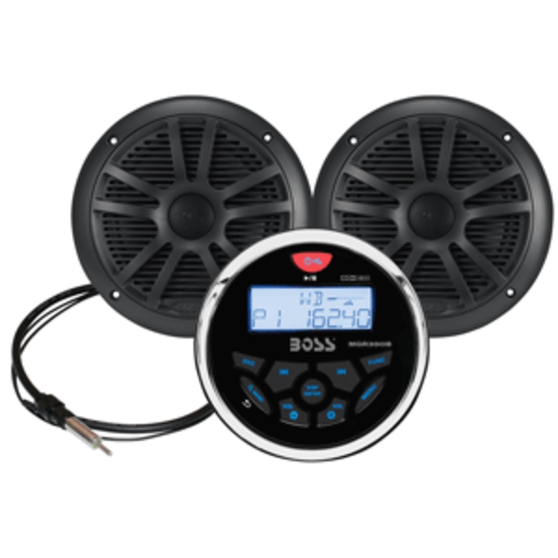 Boss Audio MCKGB350B.6 Combo – Marine Gauge Radio w/Antenna & 2 6.5″ Speakers – Black
