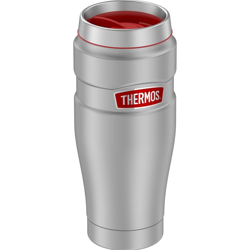 Thermos 16oz Stainless Steel Travel Tumbler – Matte Steel w/Red Badge – 7 Hours Hot/18 Hours Cold [SK1005MSR4]