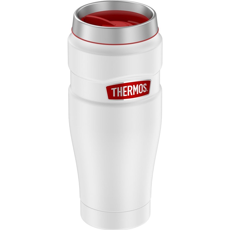 Thermos 16oz Stainless Steel Travel Tumbler – Matte White w/Red Badge – 7 Hours Hot/18 Hours Cold [SK1005WHR4]
