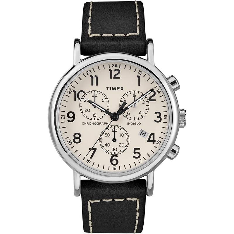 Timex Mens Weekender Chronograph 40mm Watch – White Dial/Black Leather Strap [TW2R42800JV]