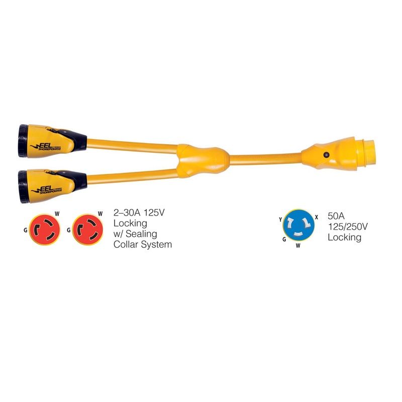 Marinco Y504-2-30 EEL (2)-30A-125V Female to (1)50A-125/250V Male “Y” Adapter – Yellow [Y504-2-30]